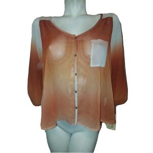New Rewind Top Womens Rust Orange Ombre Sheer Button Up Blouse 3/4 Sleeve Medium